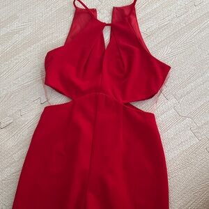 L'ATISTE Vibrant Red Cutout Halter Jumpsuit
